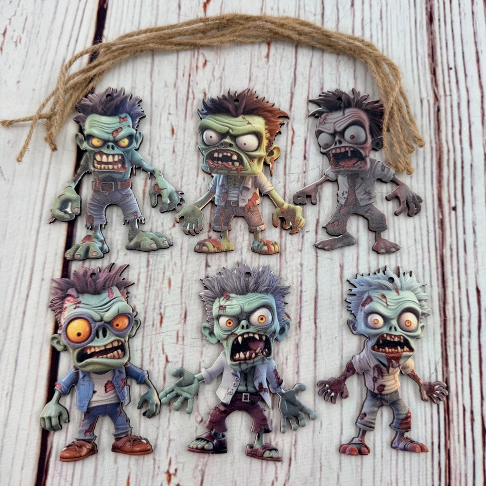 6pc Wooden Zombie Halloween Ornaments Spooky Undead Tree Decor Twine Hangers